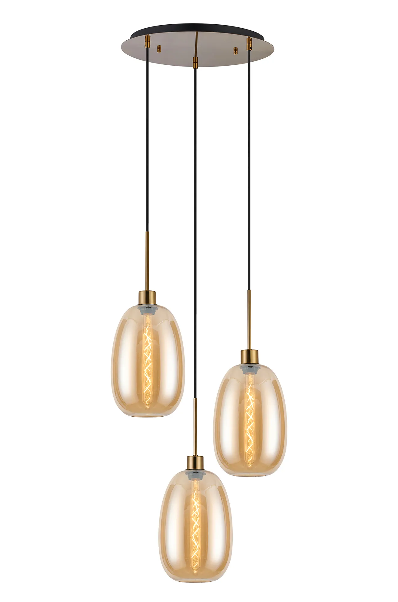 Lori 40cm Round Pendant, 3 Light Adjustable E27, Antique Gold/Amber Slim Curved Trapezium Shades DK1173  Deco Lori Antique Gold